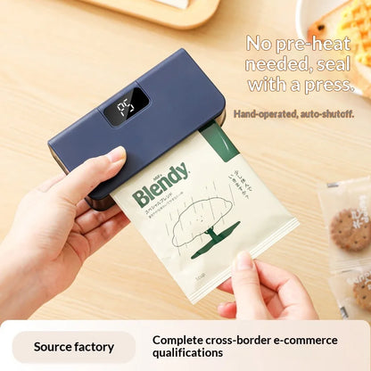 Rechargeable Mini Sealing Machine with Digital Display Portable Manual Press for Coffee Tea & Snacks Ear-Hanging