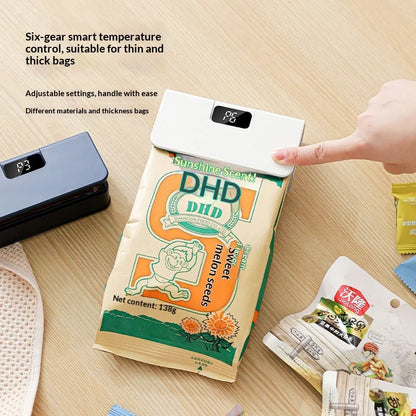 Rechargeable Mini Sealing Machine with Digital Display Portable Manual Press for Coffee Tea & Snacks Ear-Hanging